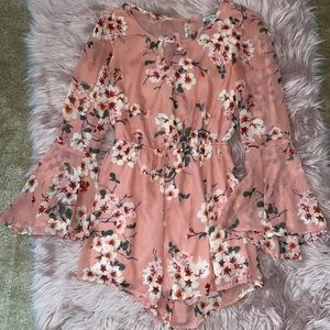Pink floral short romper with long sleeves
